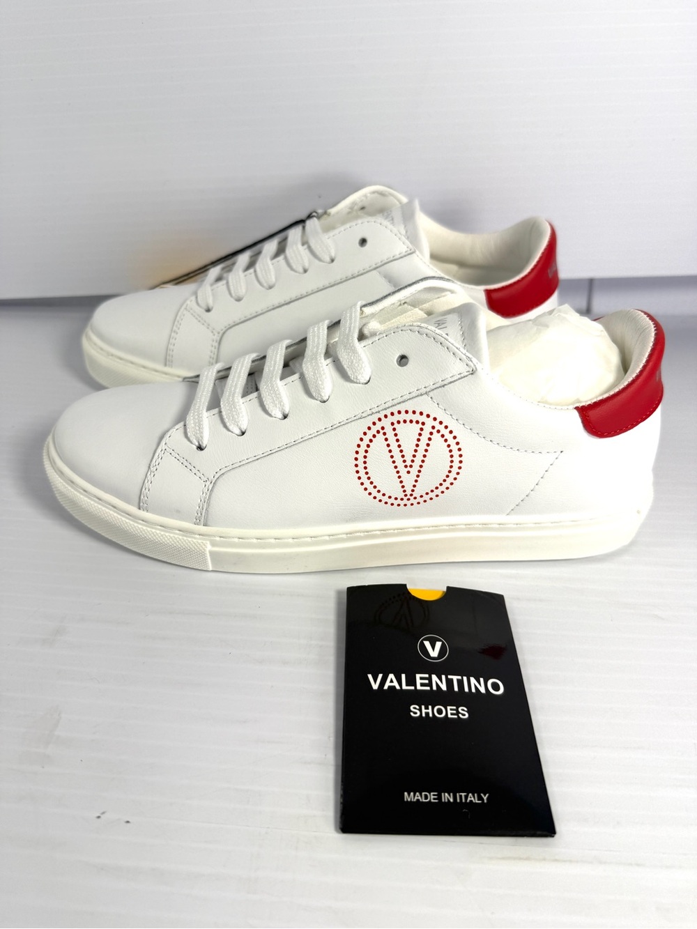 Valentino Petra White Leather Sneakers with Red Detailing